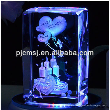 Cubo de cristal láser 3D con base de luz LED de color para regalos de cumpleaños